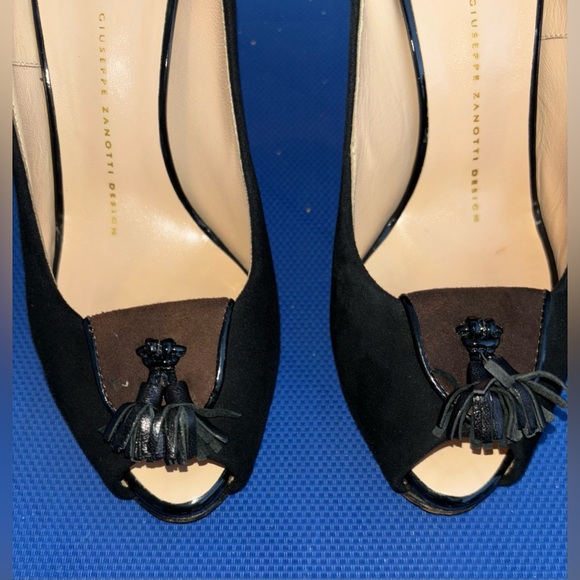 Vintage Giuseppe Zanotti Leather Peep Toe Mosaic Heels, Size 37.5 (US 7) - Picture 6 of 8